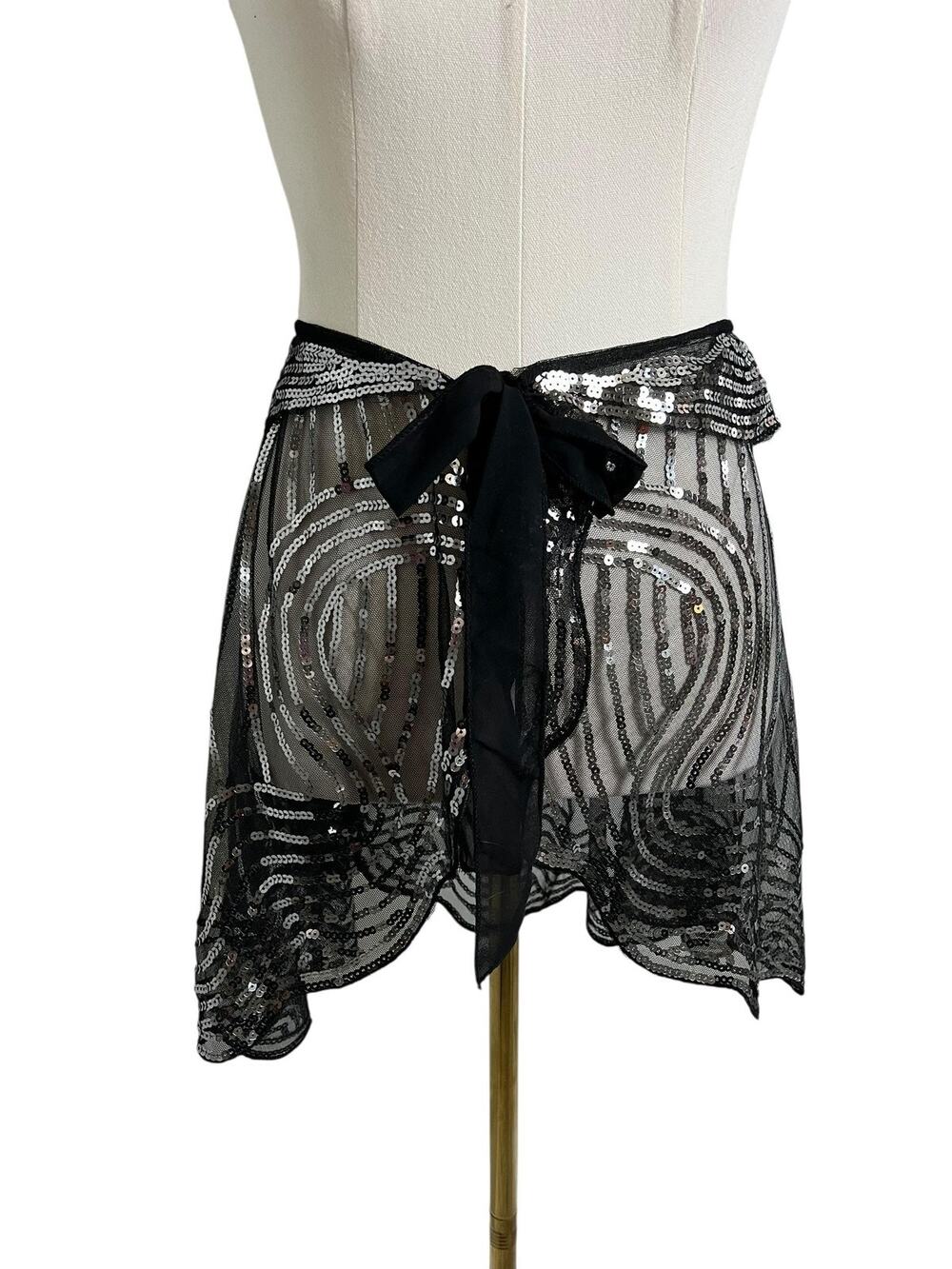 VIJIV Wrap Skirt Womens One Size Black Sequin Sheer Tie Waist Festival Dance